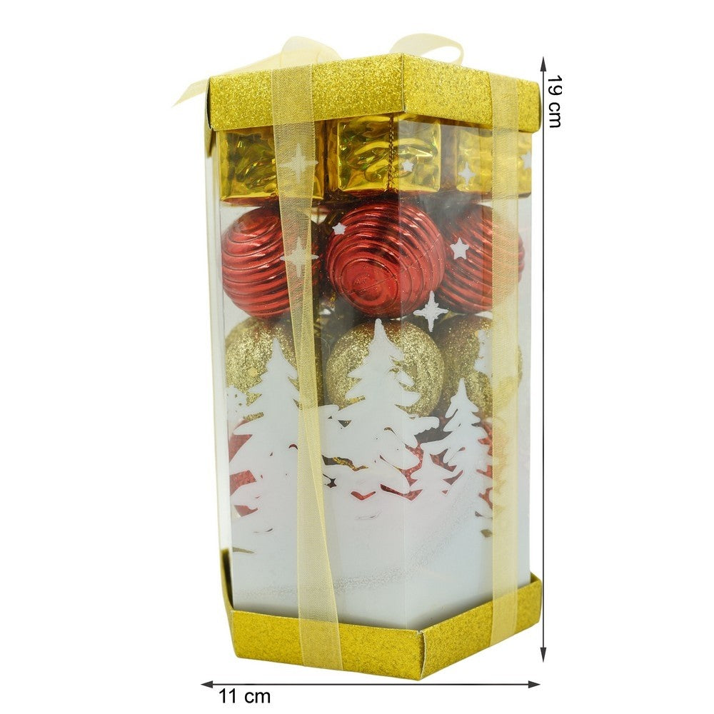 Set de 35 ornamente de brad, Flippy, de tip Glob, Rosu/ Auriu, din polistiren, cu finisaj sclipitor , cutie 11 cm