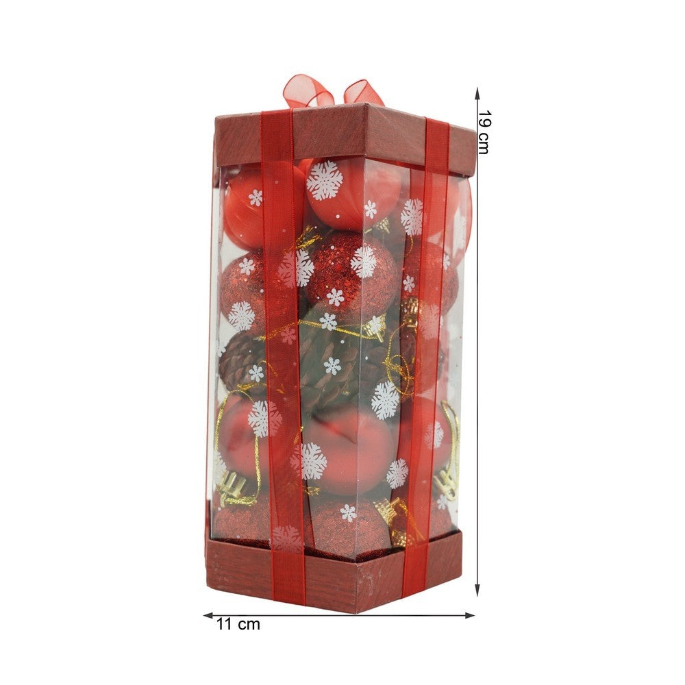 Set de 35 ornamente de brad, Flippy, de tip Glob, Rosu, din polistiren, cu finisaj sclipitor , cutie 11 cm adancime x