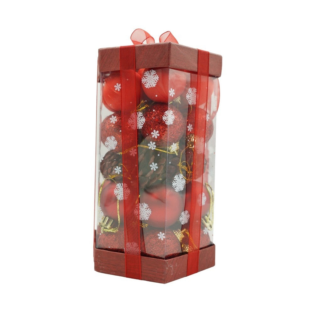 Set de 35 ornamente de brad, Flippy, de tip Glob, Rosu, din polistiren, cu finisaj sclipitor , cutie 11 cm adancime x