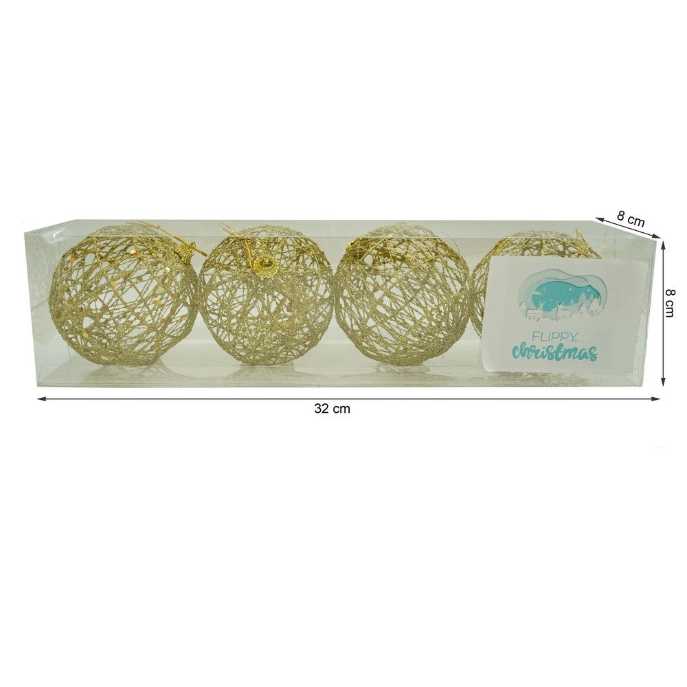Set de 4 ornamente de brad, Flippy, de tip Glob, Auriu, cu ø de 8 cm, din metal, cu finisaj sclipitor , cutie 8 cm