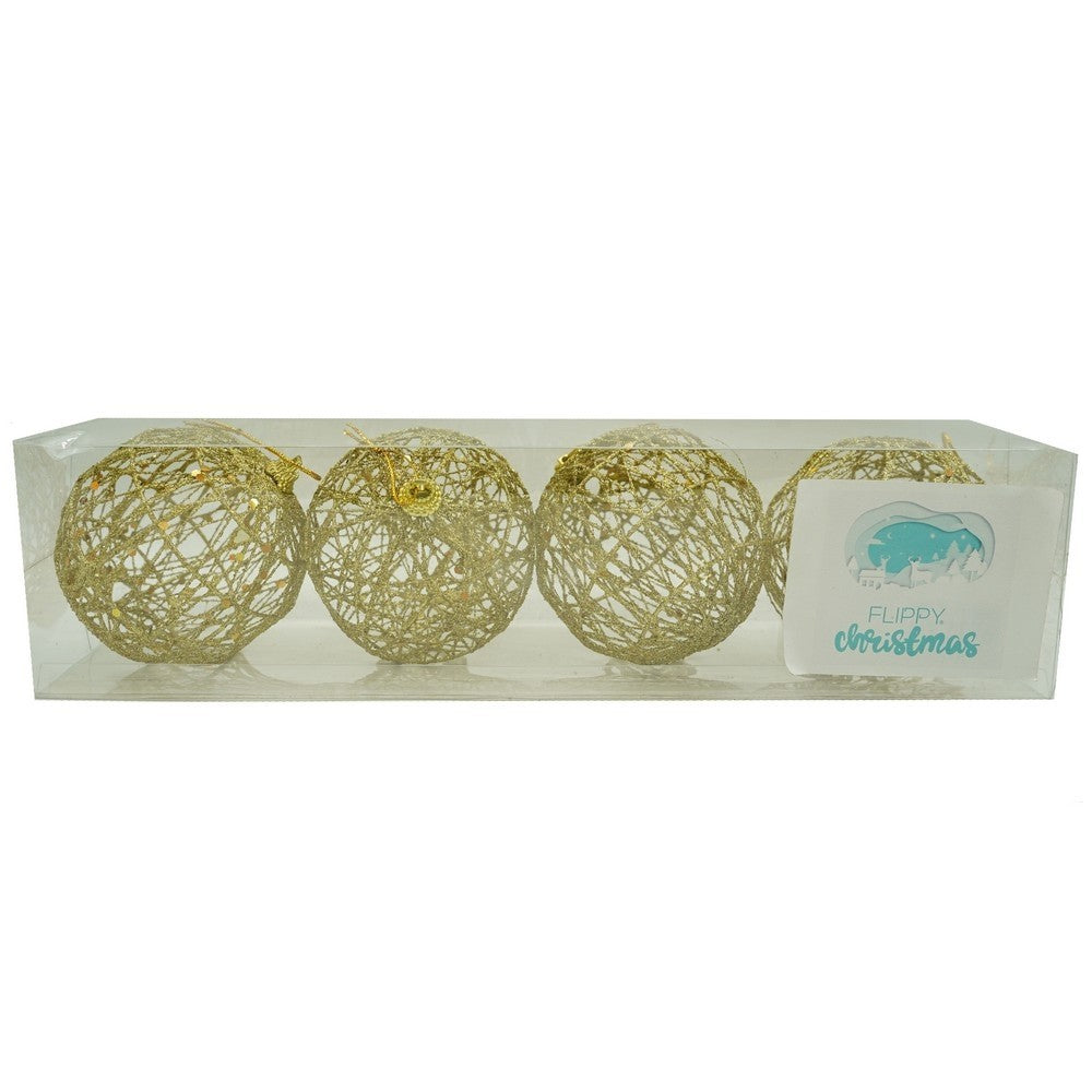 Set de 4 ornamente de brad, Flippy, de tip Glob, Auriu, cu ø de 8 cm, din metal, cu finisaj sclipitor , cutie 8 cm