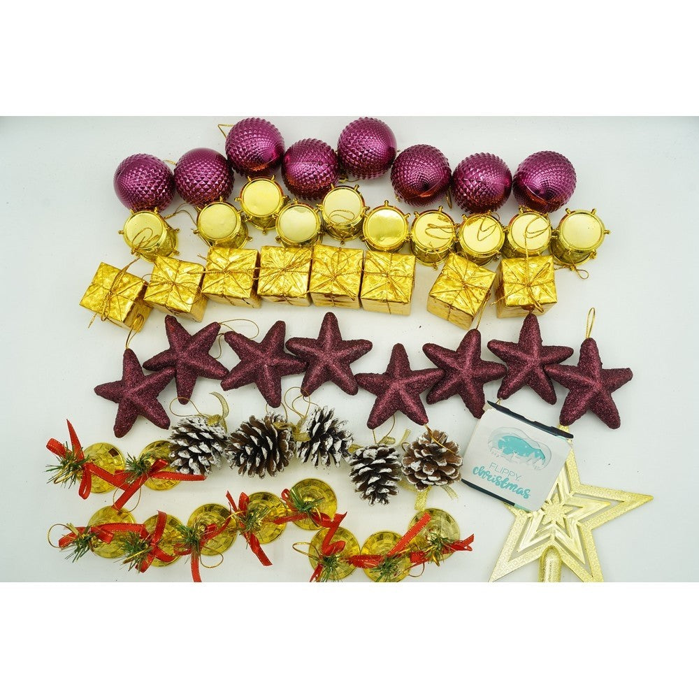 Set de 50 ornamente de brad, Flippy, de tip Glob, Rosu/ Auriu, din plastic, cu finisaj sclipitor , cutie 18 cm lungime