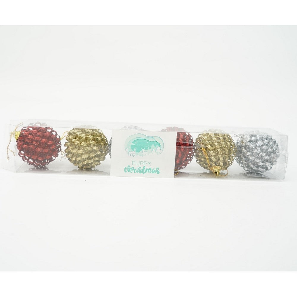 Set de 6 ornamente de brad, Flippy, de tip Glob, Multicolor, cu ø de 6 cm, din metal, cu finisaj sclipitor , cutie 6 cm