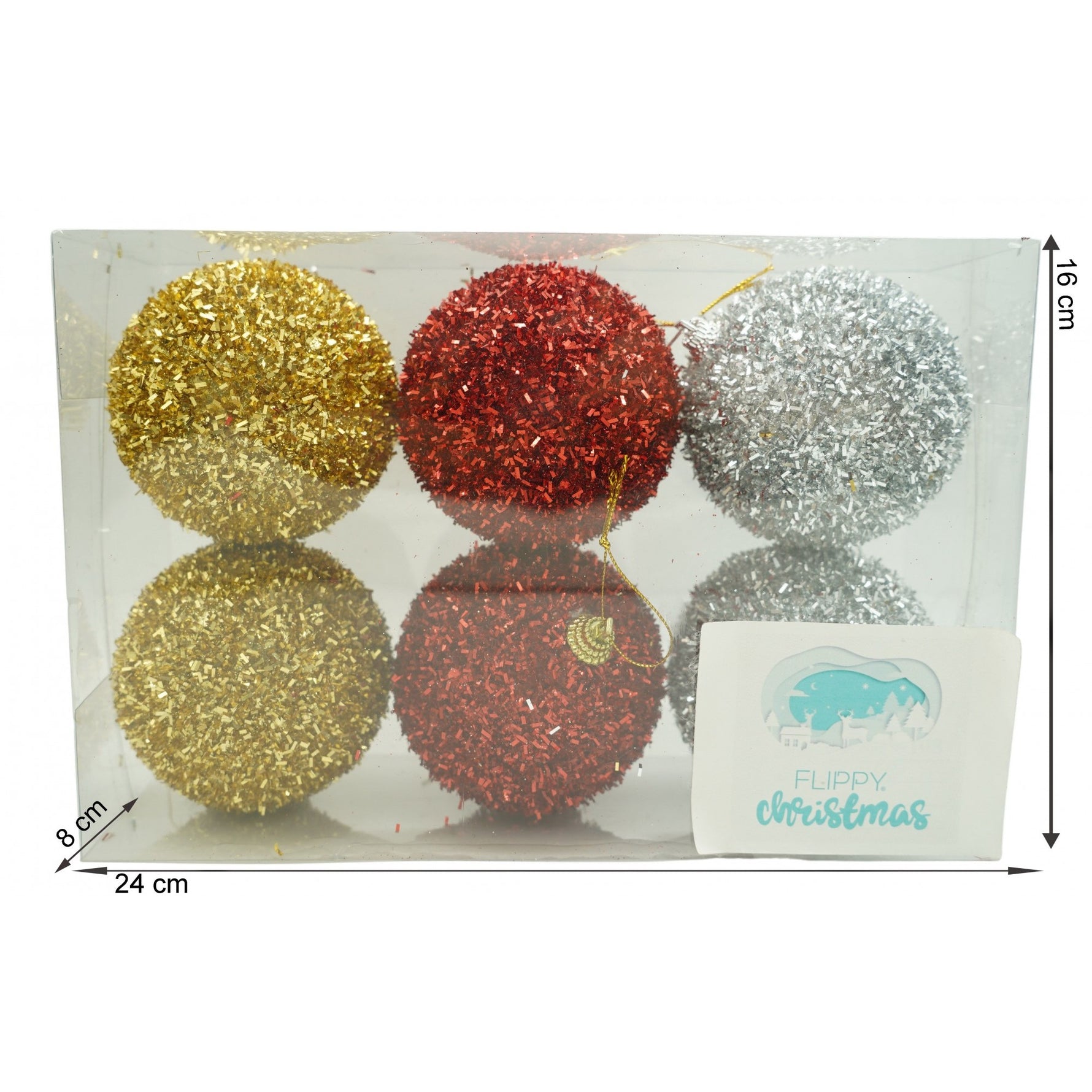 Set de 6 ornamente de brad, Flippy, de tip Glob, Multicolor, cu ø de 8 cm, din polistiren, cu finisaj sclipitor , cutie