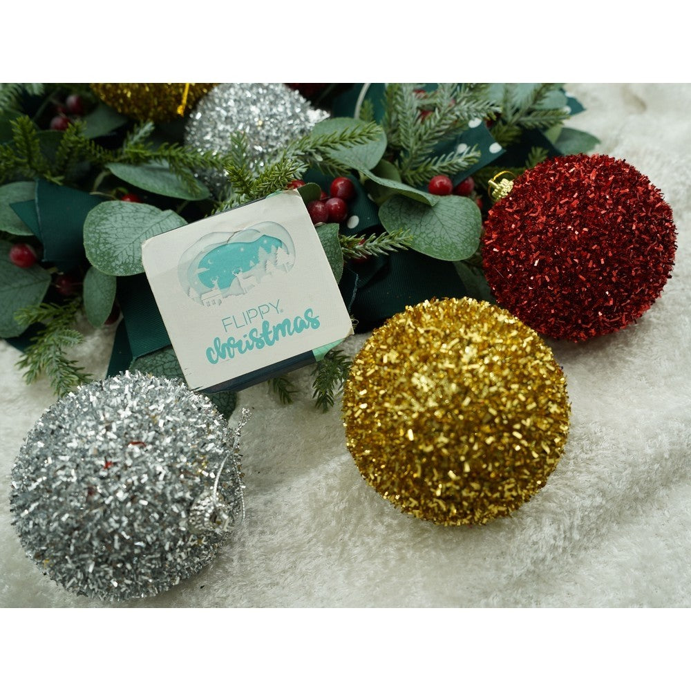Set de 6 ornamente de brad, Flippy, de tip Glob, Multicolor, cu ø de 8 cm, din polistiren, cu finisaj sclipitor , cutie