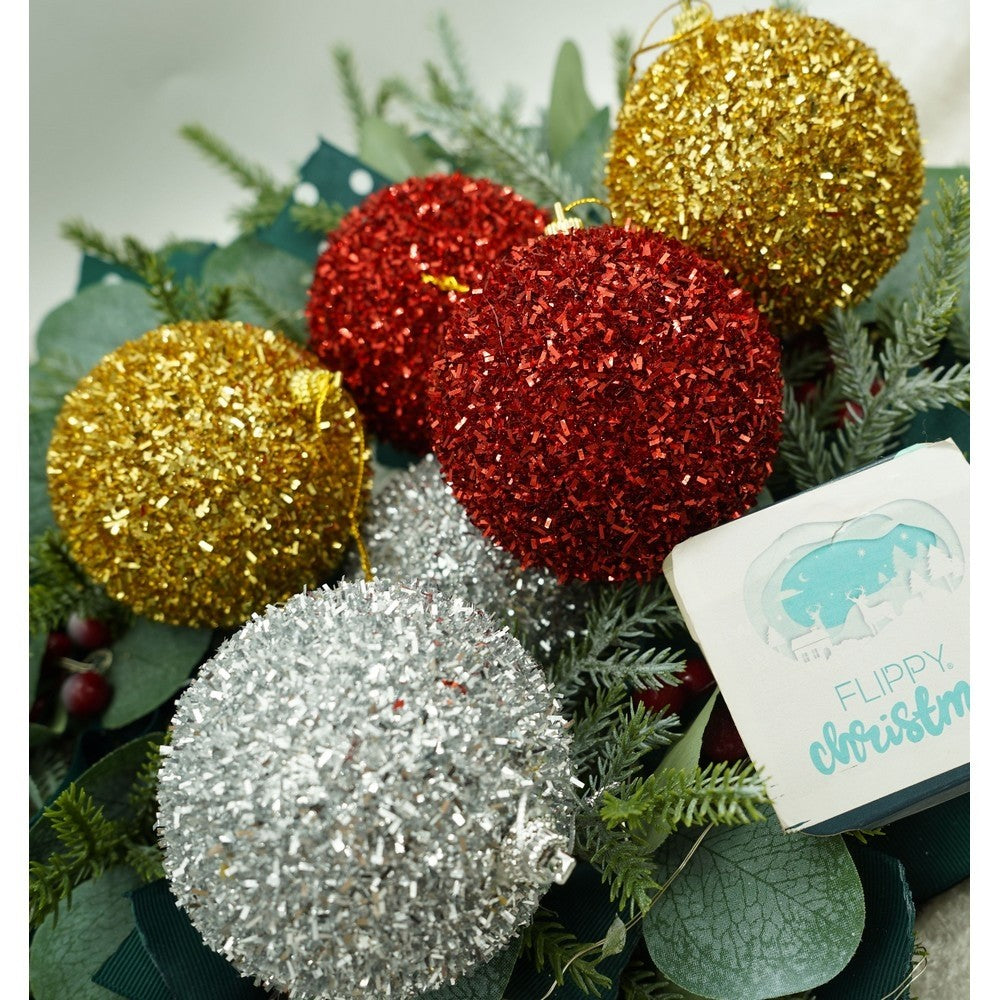 Set de 6 ornamente de brad, Flippy, de tip Glob, Multicolor, cu ø de 8 cm, din polistiren, cu finisaj sclipitor , cutie