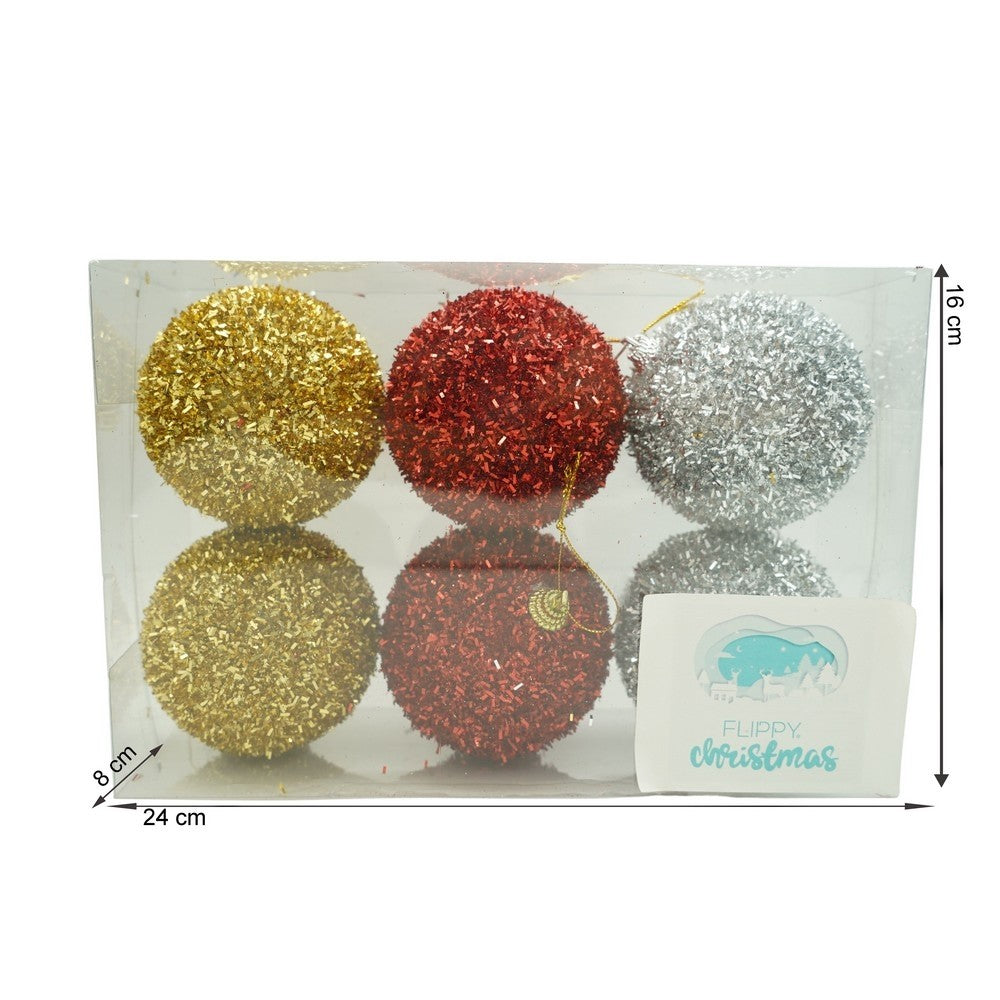 Set de 6 ornamente de brad, Flippy, de tip Glob, Multicolor, cu ø de 8 cm, din polistiren, cu finisaj sclipitor , cutie
