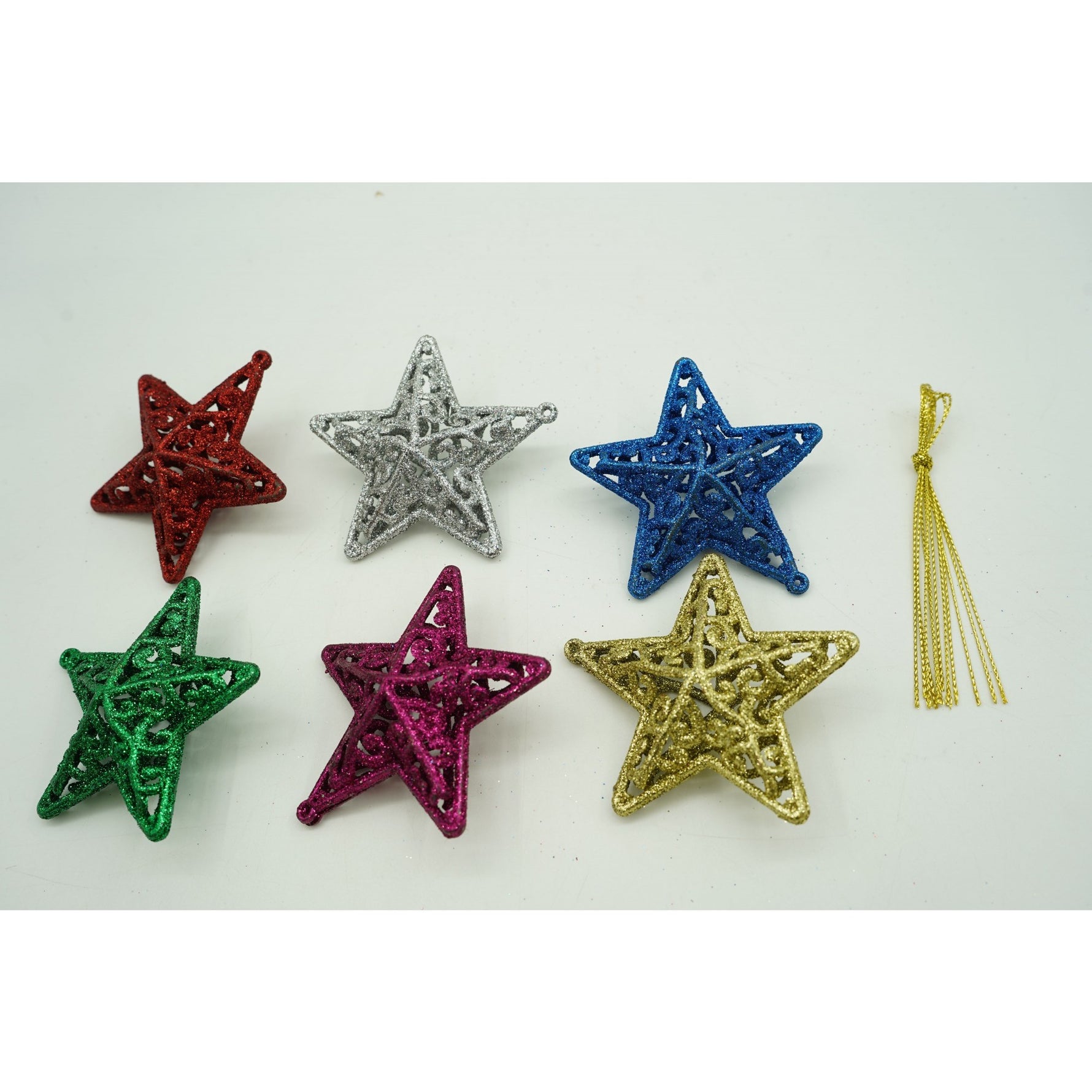 Set de 6 ornamente de brad, Flippy, de tip Stea, Multicolor, din plastic, cu finisaj sclipitor , cutie 3 cm adancime x