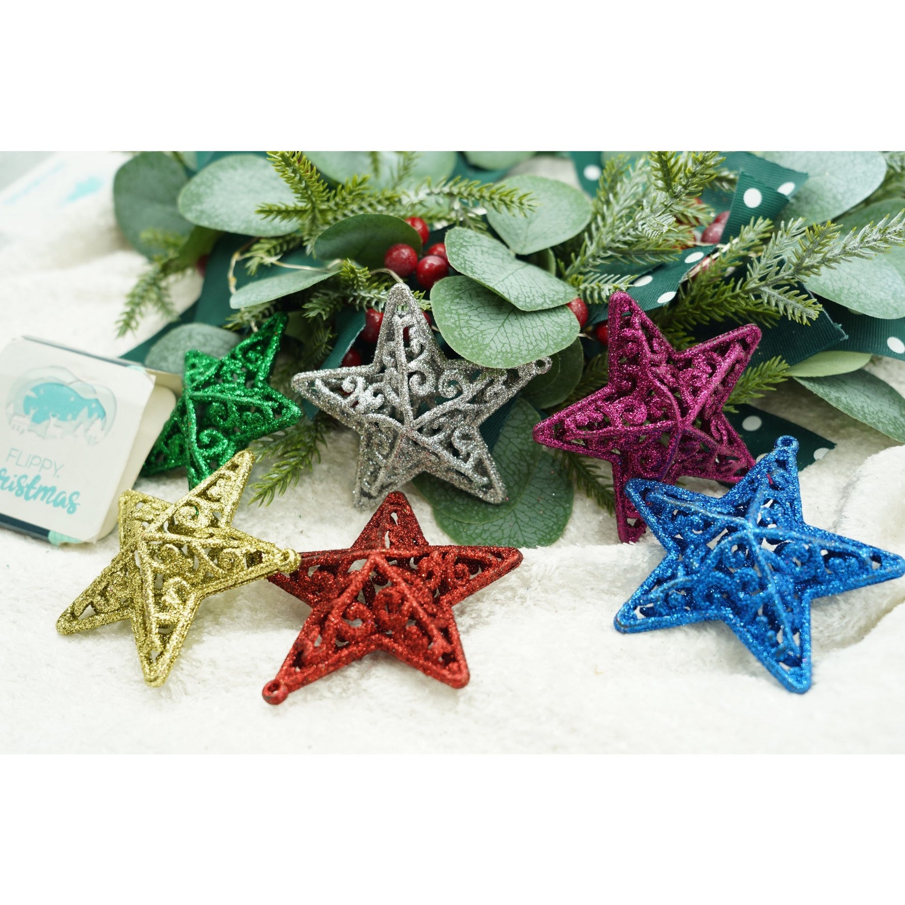 Set de 6 ornamente de brad, Flippy, de tip Stea, Multicolor, din plastic, cu finisaj sclipitor , cutie 3 cm adancime x