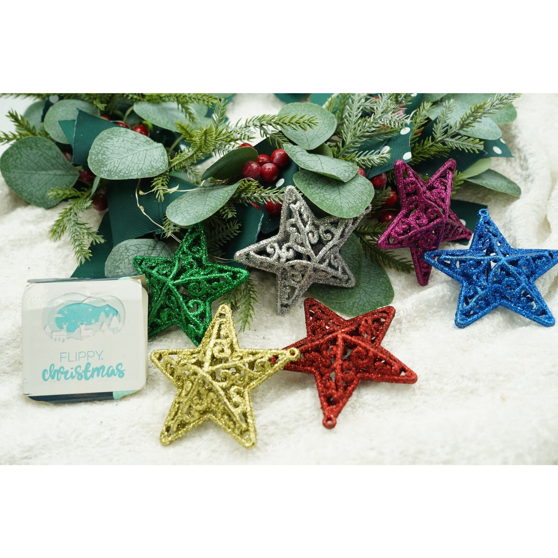 Set de 6 ornamente de brad, Flippy, de tip Stea, Multicolor, din plastic, cu finisaj sclipitor , cutie 3 cm adancime x