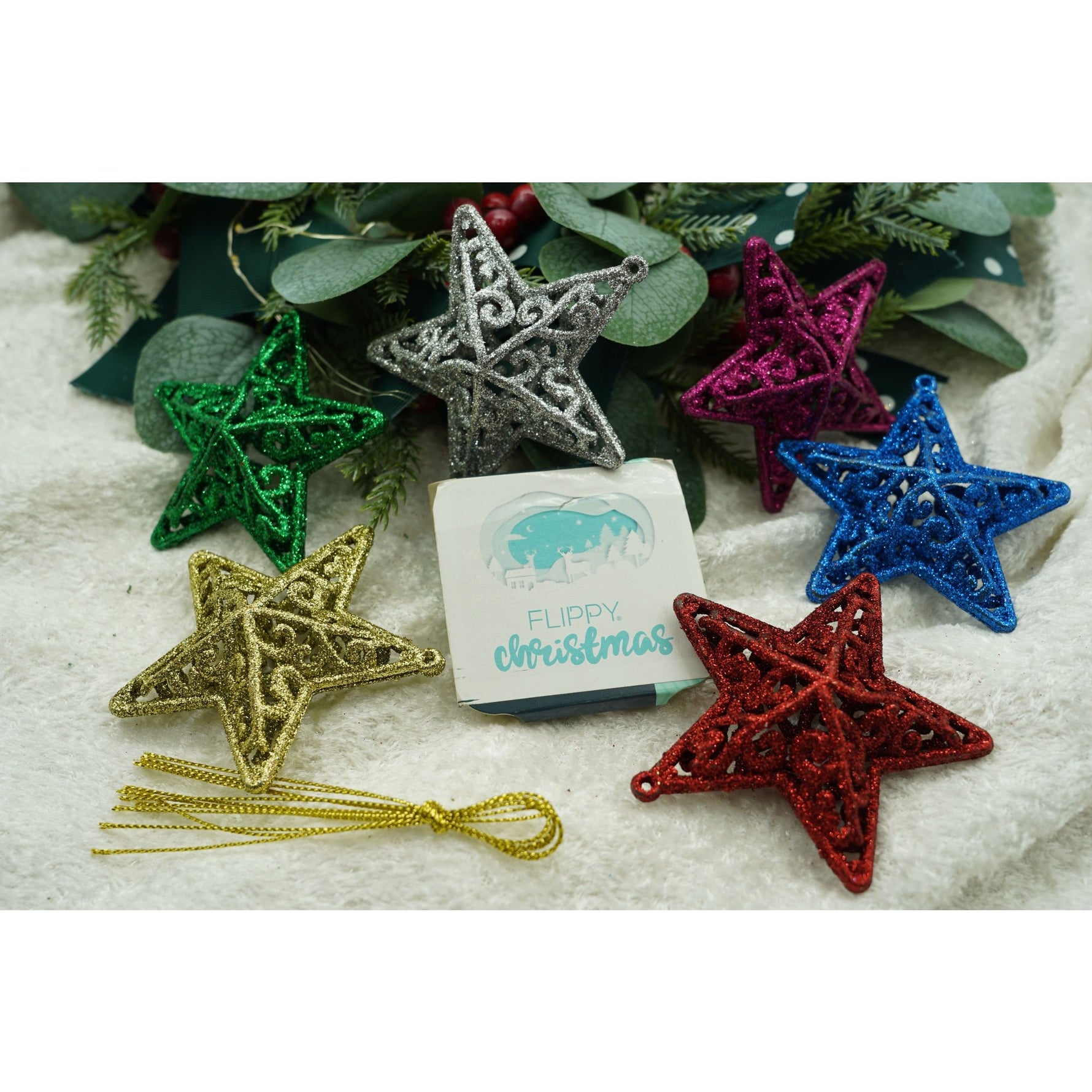 Set de 6 ornamente de brad, Flippy, de tip Stea, Multicolor, din plastic, cu finisaj sclipitor , cutie 3 cm adancime x