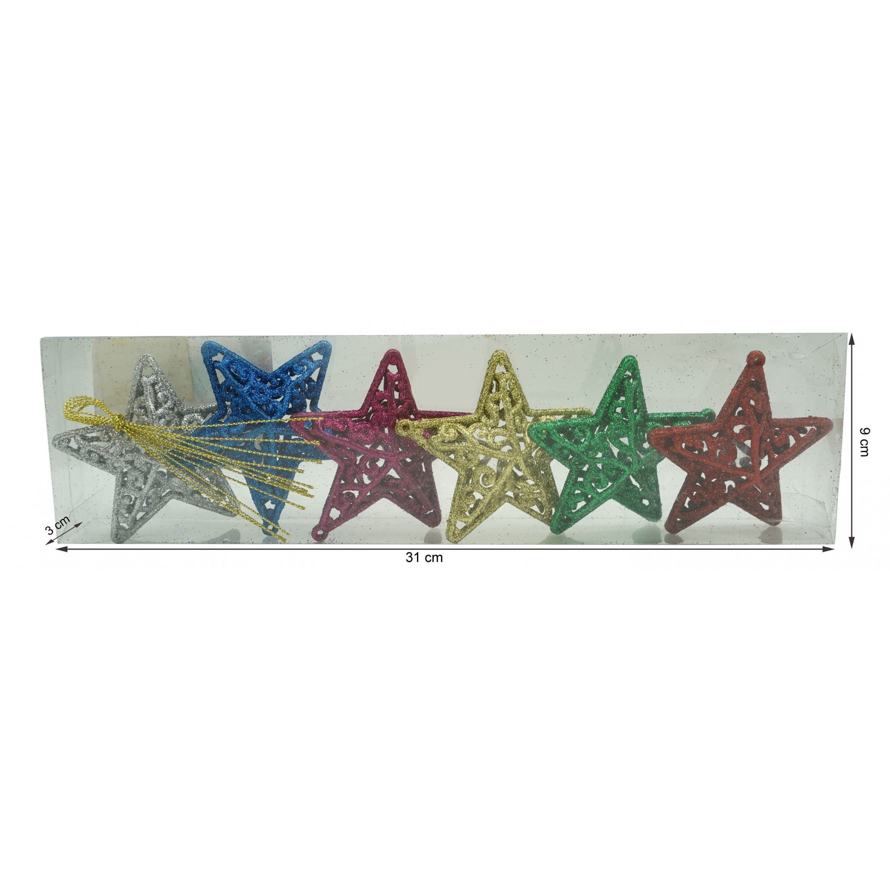 Set de 6 ornamente de brad, Flippy, de tip Stea, Multicolor, din plastic, cu finisaj sclipitor , cutie 3 cm adancime x