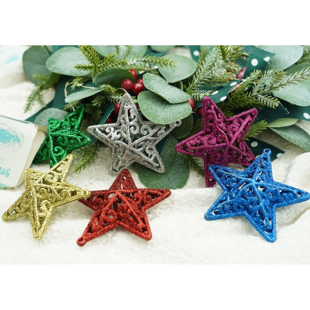 Set de 6 ornamente de brad, Flippy, de tip Stea, Multicolor, din plastic, cu finisaj sclipitor , cutie 3 cm adancime x