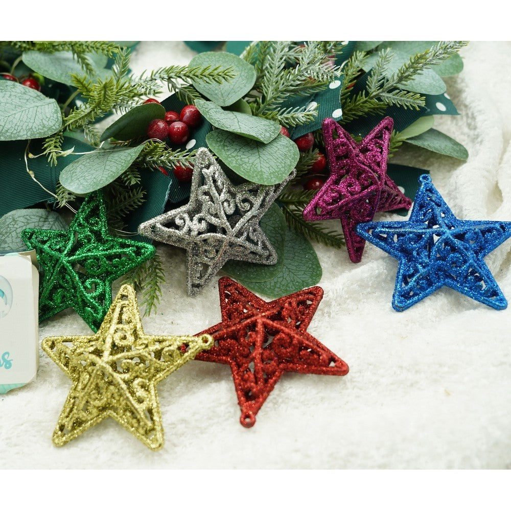 Set de 6 ornamente de brad, Flippy, de tip Stea, Multicolor, din plastic, cu finisaj sclipitor , cutie 3 cm adancime x