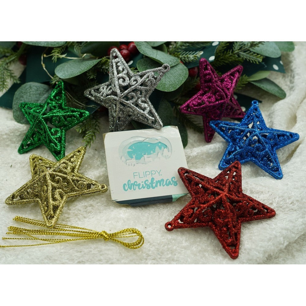 Set de 6 ornamente de brad, Flippy, de tip Stea, Multicolor, din plastic, cu finisaj sclipitor , cutie 3 cm adancime x