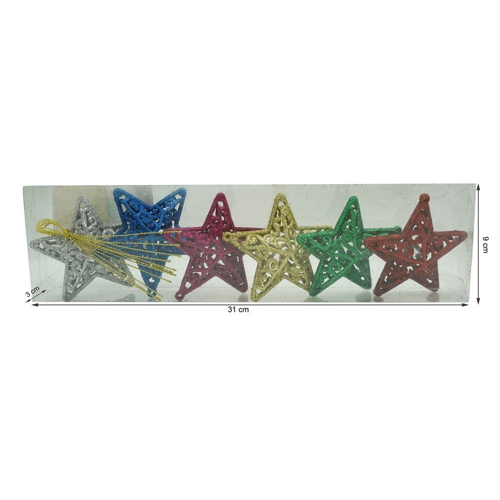 Set de 6 ornamente de brad, Flippy, de tip Stea, Multicolor, din plastic, cu finisaj sclipitor , cutie 3 cm adancime x