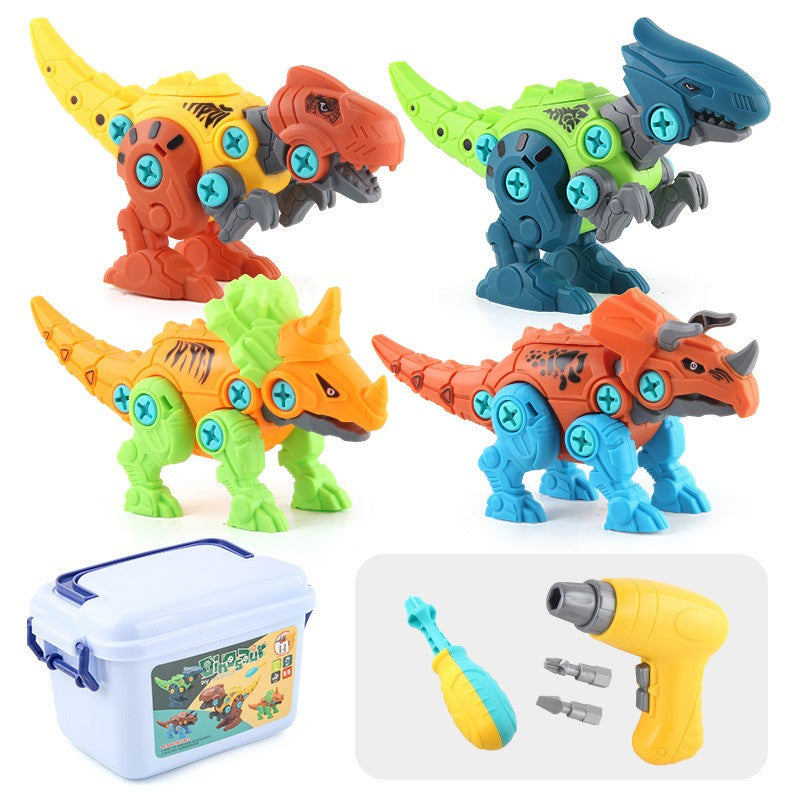 Set de Constructie/Asamblare, Flippy, 4 Dinozauri, cu Bormasina Electrica, Baterii 2 x AA, Surubelnita si Cutie