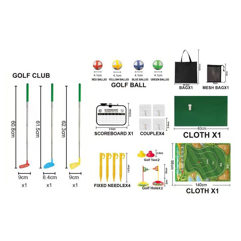 Set de Golf, Flippy, Interactiune Parinte-Copil, Covor de Golf, 140 x 98 cm, 4 Mingii cu Scai, 3 Crose Reglabile, Model