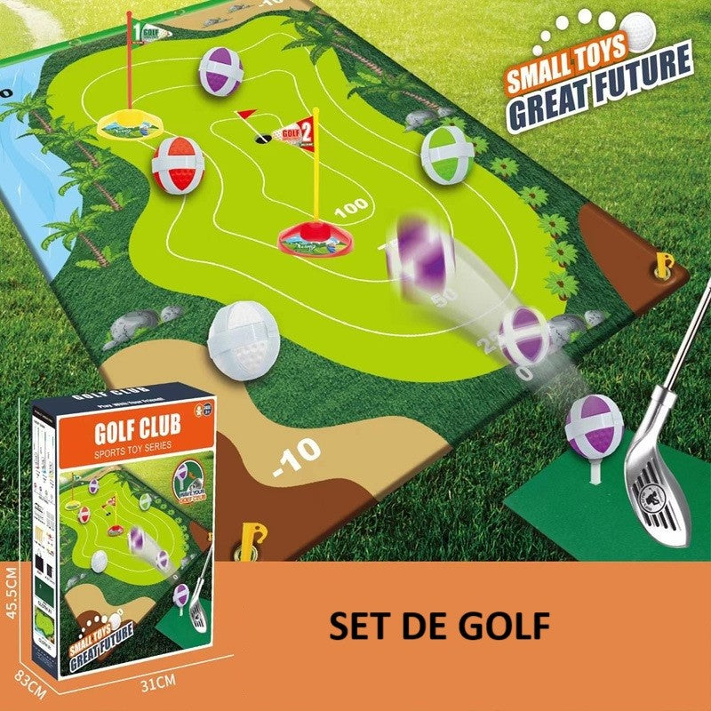 Set de Golf, Flippy, Interactiune Parinte-Copil, Covor de Golf, 140 x 98 cm, 4 Mingii cu Scai, 3 Crose Reglabile, Model
