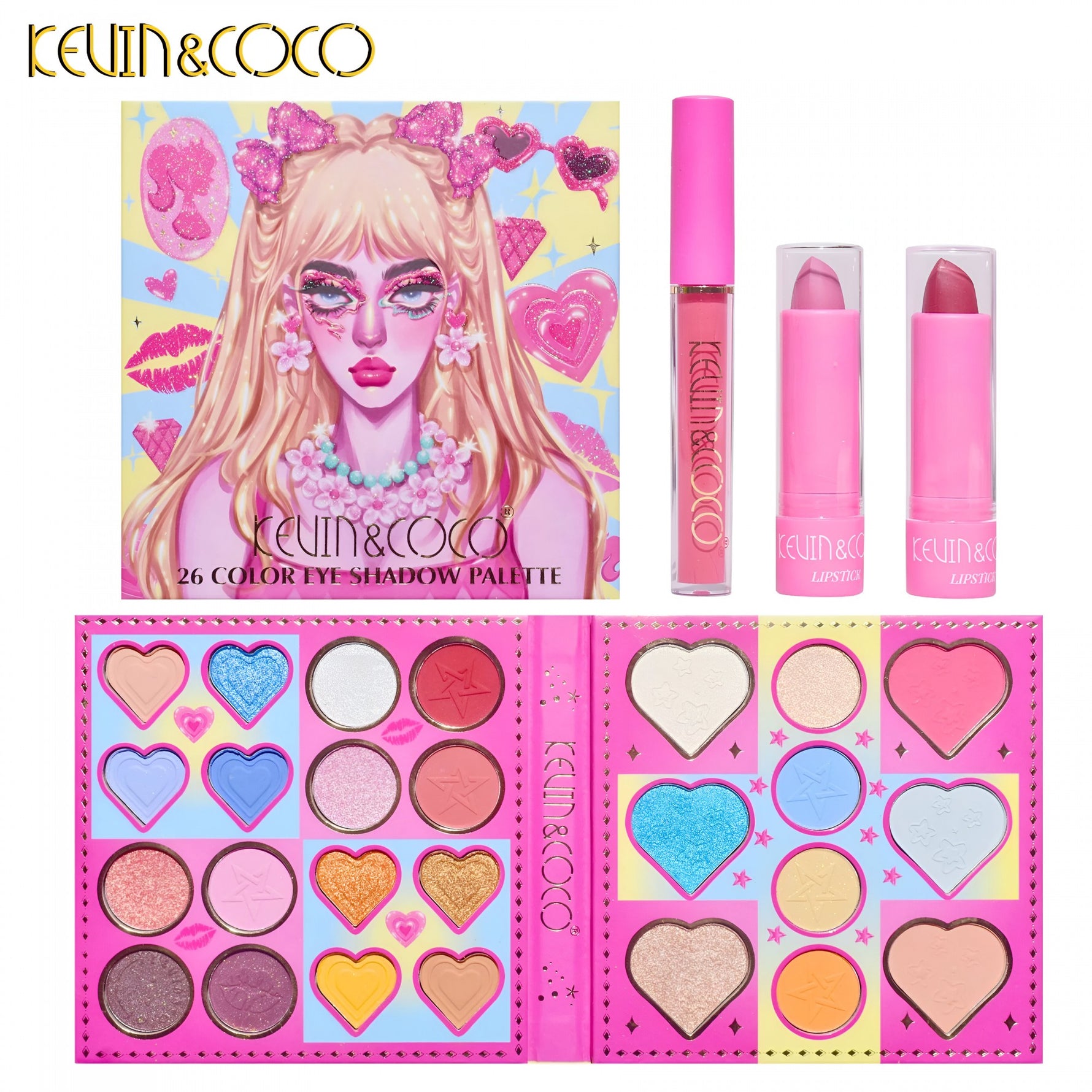 Set de Machiaj, Kevin & Coco, 26 de Culori, Pigmentate, Fard de ochi, Ruj, Gloss, Fard Obraz, 19x18x2 cm, Diferite