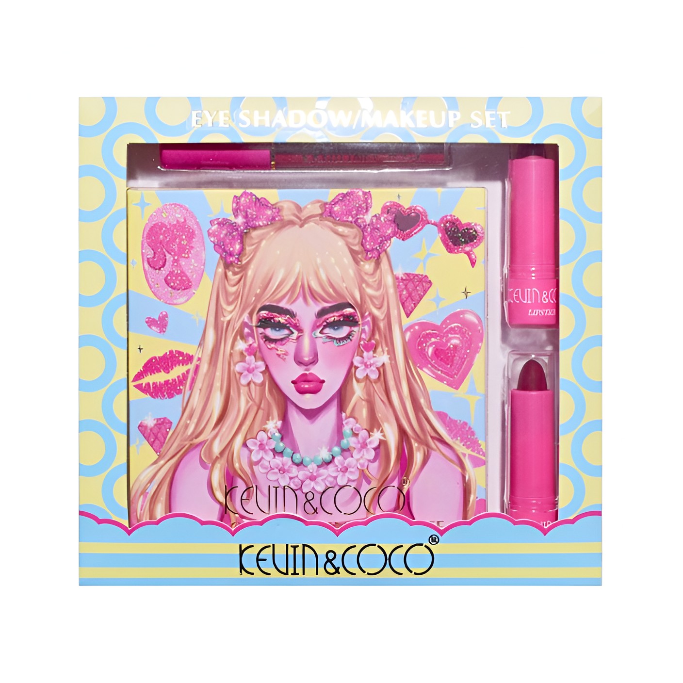 Set de Machiaj, Kevin & Coco, 26 de Culori, Pigmentate, Fard de ochi, Ruj, Gloss, Fard Obraz, 19x18x2 cm, Diferite