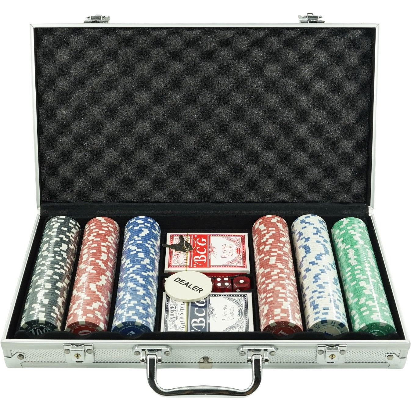 Set de Poker Complex cu 300 de jetoane Flippy, Include 2 seturi de carti, 5 zaruri, Echipat cu servieta de aluminiu cu