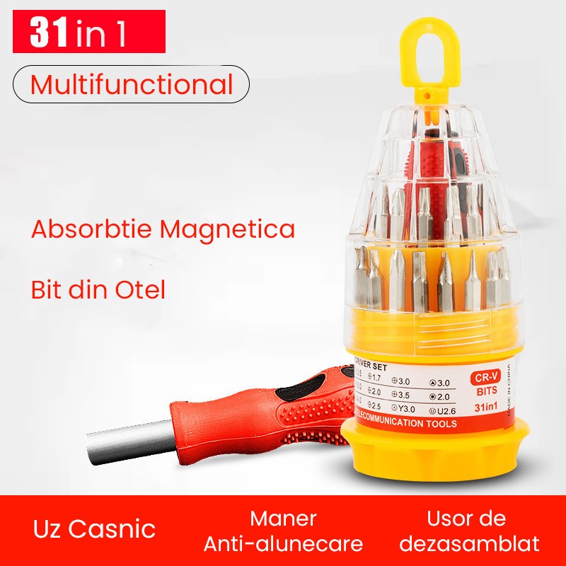 Set de Surubelnite 31-in-1 cu Clichet, Flippy, Set de Uz Casnic pentru Repararea Electronicelor Mici, Maner durabil