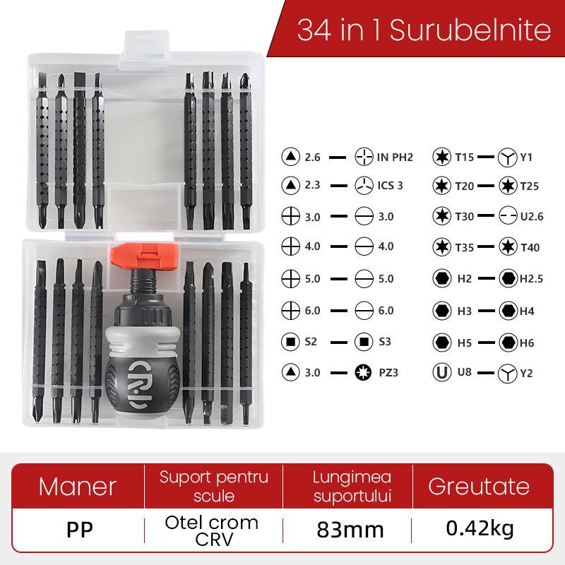 Set de Surubelnite 34-in-1 cu Clichet, Flippy, Set de Uz Casnic pentru Repararea Electronicelor Mici, Maner durabil, 12