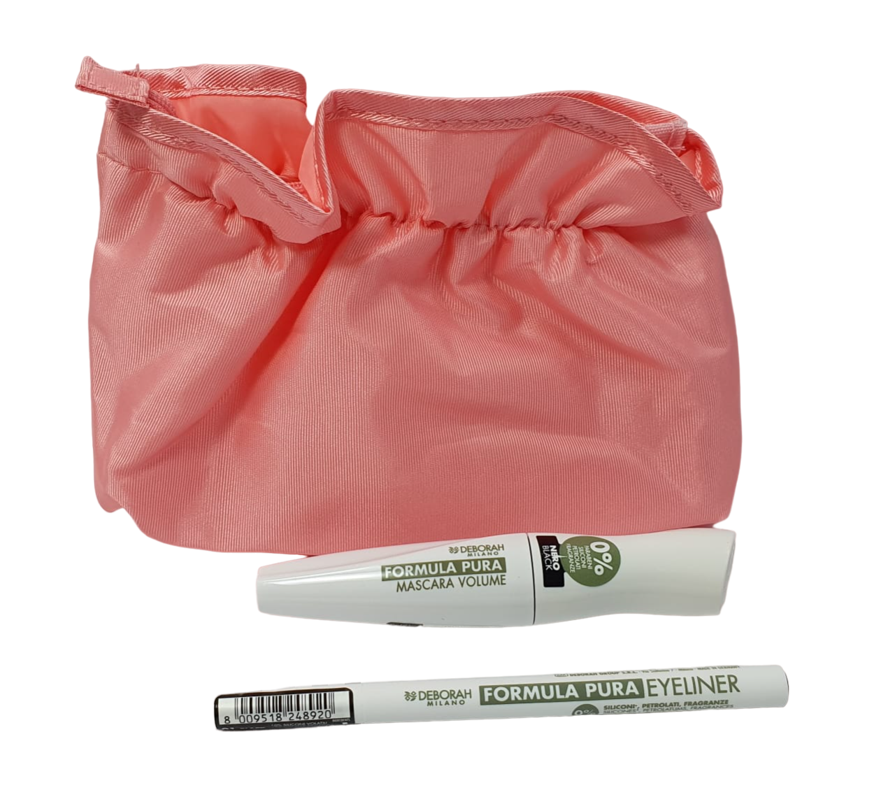 Set Deborah: Formula Pura, Volumizing, Mascara, Black, 12 ml + Formula Pura, Gel Pencil Eyeliner, Black, 1.5 g + Textile Makeup Bag, Pink - Olmarkt