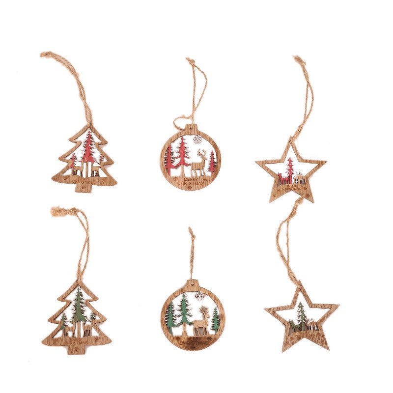 Set 6 Decoratiuni de Craciun din Lemn, Flippy, cu Snur pentru Agatare in Brad, Model Brad, Glob si Steluta, Rosu