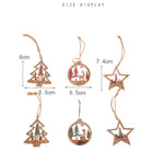 Set 6 Decoratiuni de Craciun din Lemn, Flippy, cu Snur pentru Agatare in Brad, Model Brad, Glob si Steluta, Verde