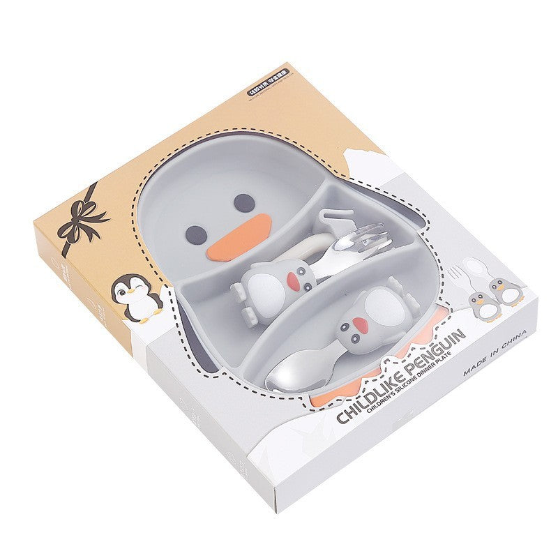 Set diversificare bebelusi Flippy, din silicon, 23.5 x 12.5 cm, 1 farfurie compartimentata in forma de pinguin,