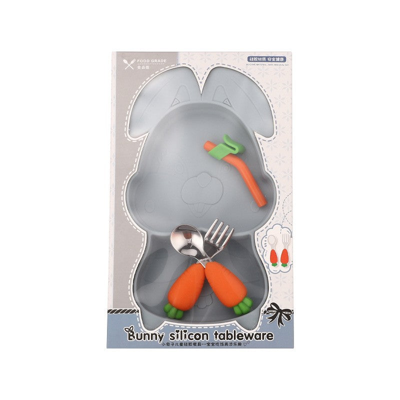 Set diversificare bebelusi Flippy, din silicon, 26 x 15 cm, 1 farfurie compartimentata in forma de iepure, lingurita si