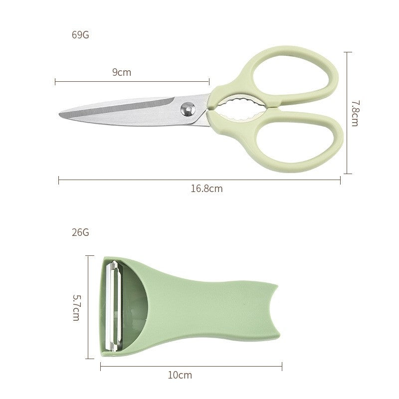 Set foarfeca pentru bucatarie Flippy, curatator legume tip suport, multifunctional, spargator nuci, material ABS si