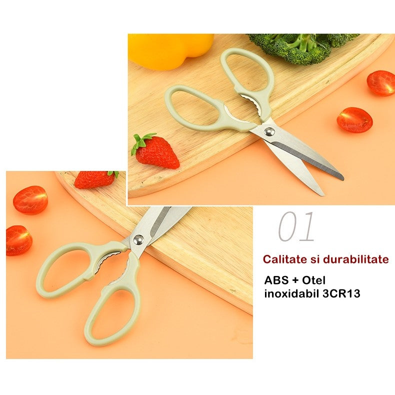 Set foarfeca pentru bucatarie Flippy, curatator legume tip suport, multifunctional, spargator nuci, material ABS si