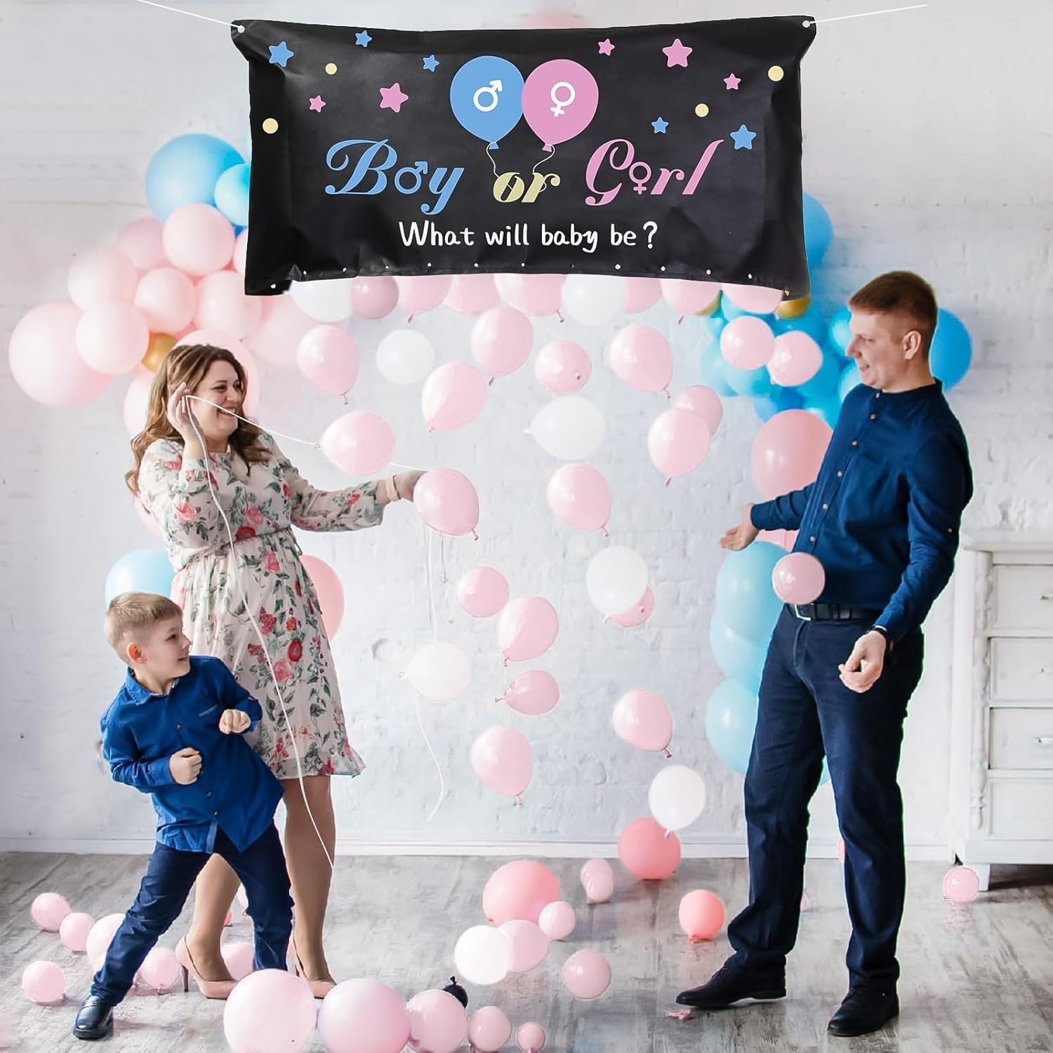 Set Gender Reveal, Flippy, Balloon Drop Bag, din Plastic si Latex, 24 Baloane Roz si Albastru 13 cm, Sac pentru Baloane