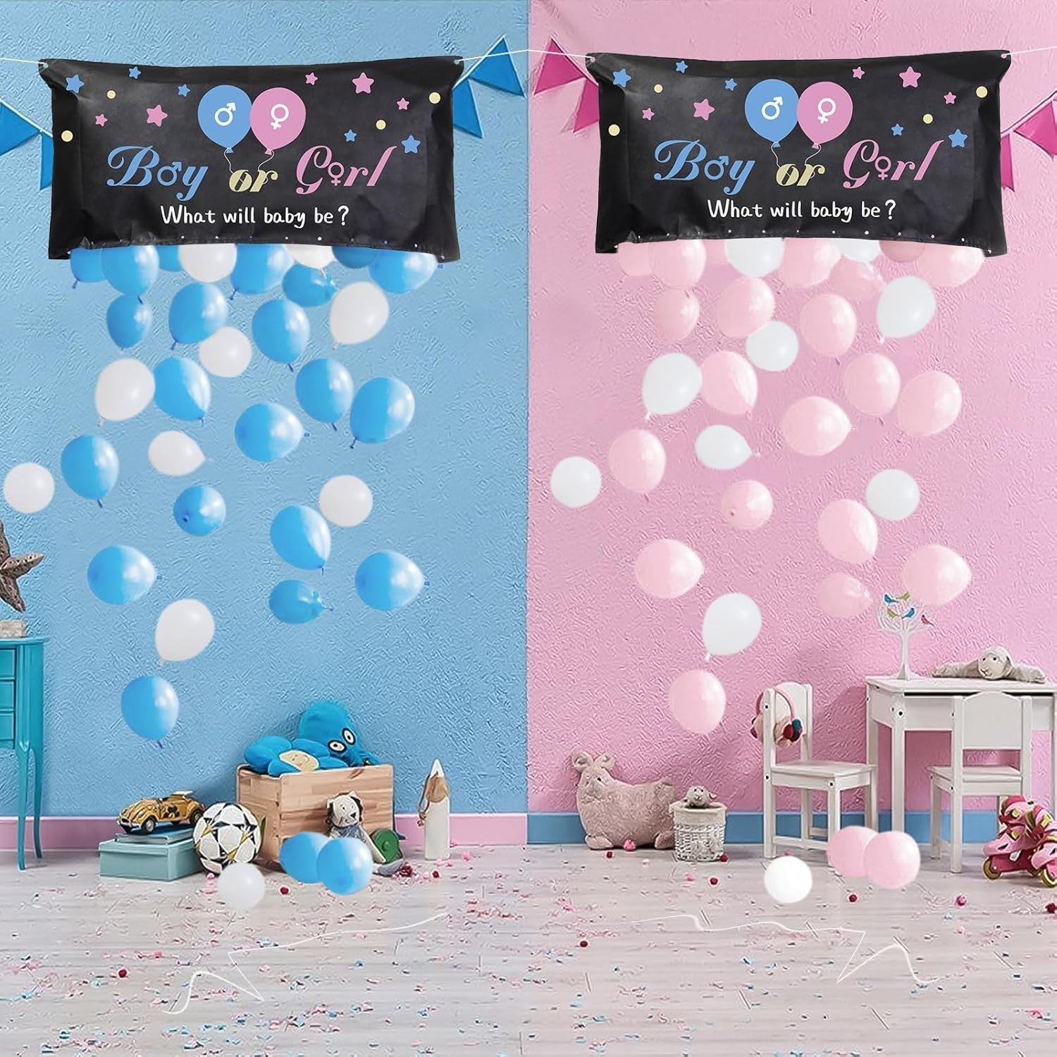 Set Gender Reveal, Flippy, Balloon Drop Bag, din Plastic si Latex, 24 Baloane Roz si Albastru 13 cm, Sac pentru Baloane
