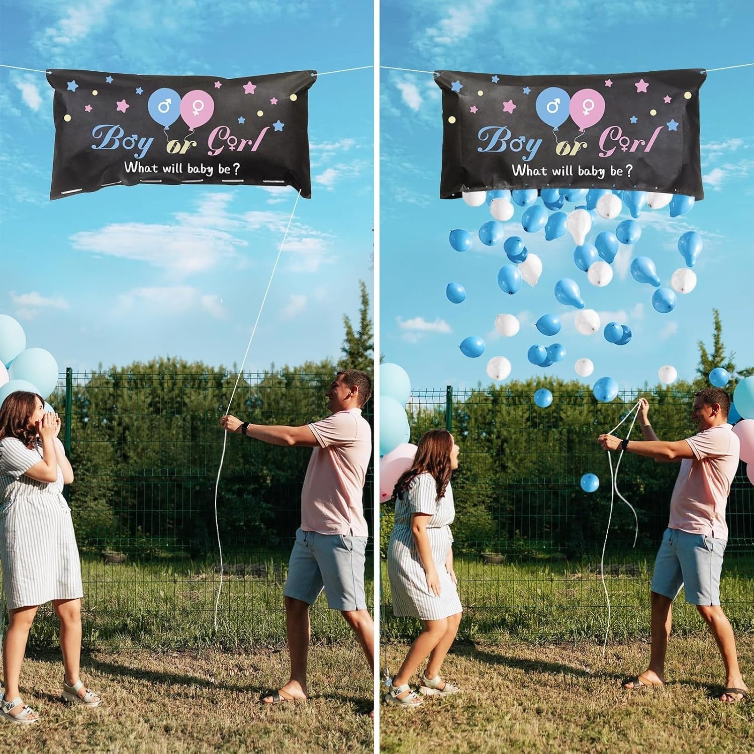 Set Gender Reveal, Flippy, Balloon Drop Bag, din Plastic si Latex, 24 Baloane Roz si Albastru 13 cm, Sac pentru Baloane
