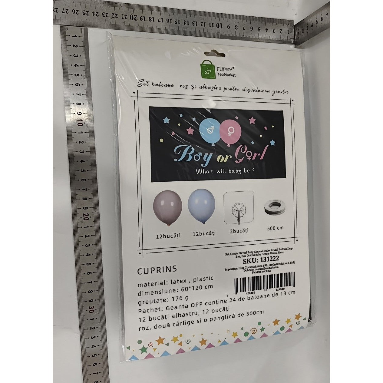 Set Gender Reveal, Flippy, Balloon Drop Bag, din Plastic si Latex, 24 Baloane Roz si Albastru 13 cm, Sac pentru Baloane