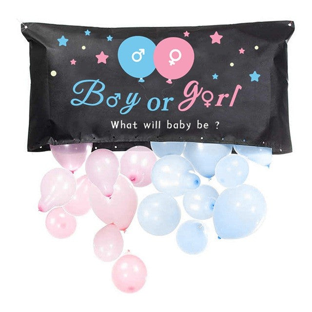 Set Gender Reveal, Flippy, Balloon Drop Bag, din Plastic si Latex, 24 Baloane Roz si Albastru 13 cm, Sac pentru Baloane