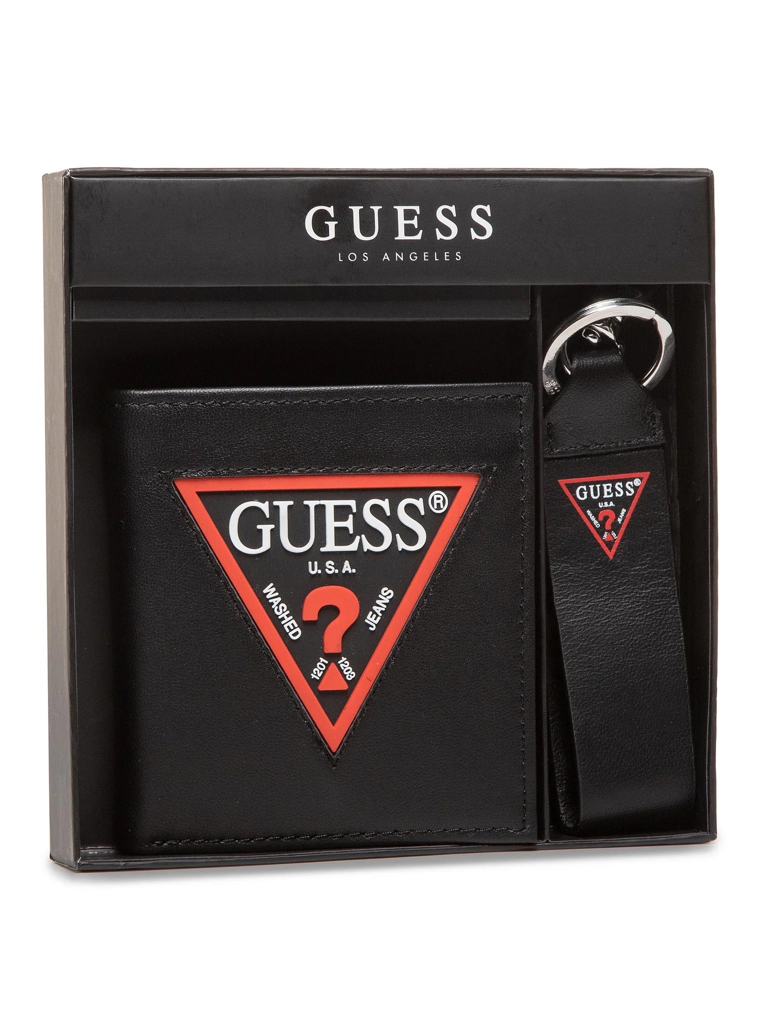 Set Guess: Guess, Leather Keyring, Black + Daelon, Leather Wallet, Small Billfold, Red/Black, For Men - Olmarkt
