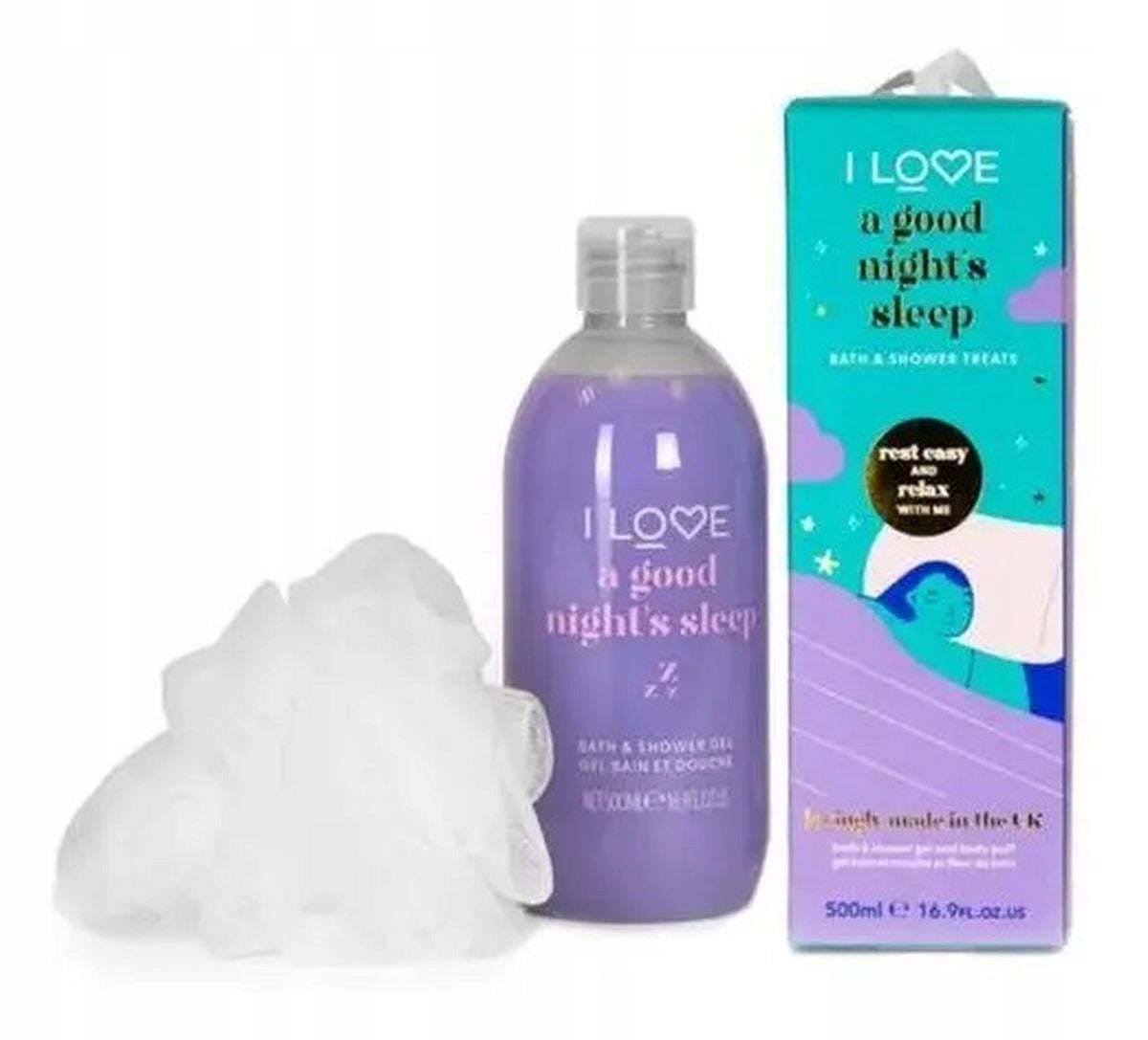 Set I Love: A Good Night's Sleep, Hydrating, Shower Gel, For All Skin Types, 500 ml + I Love, Body Sponge - Olmarkt