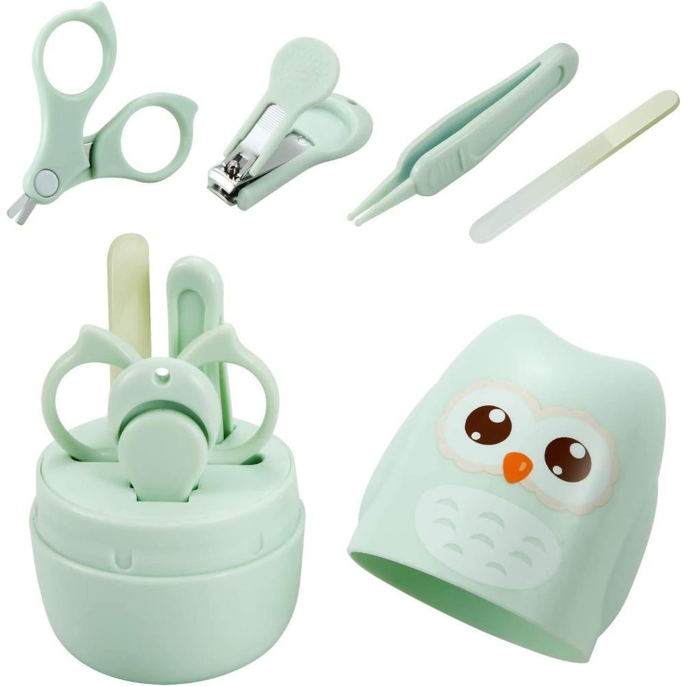 Set 4 Piese Ingrijire Unghii Bebelusi, Flippy, din ABS+Otel Inoxidabil, Cutie de Depozitare Tip Bufnita, de la 0 Luni,