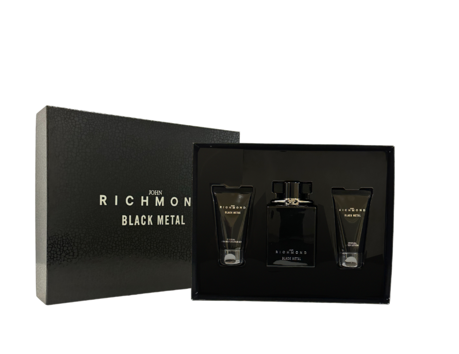 Set John Richmond: Black Metal, Natural, Cleansing, Shower Gel, 50 ml + Black Metal, Body Lotion, 50 ml + Black Metal, Eau De Parfum, For Men, 100 ml - Olmarkt