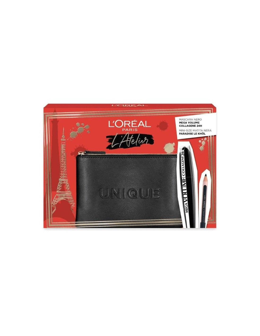Set L'Oreal Paris: L'Oreal Paris, Kajal Eye Pencil, Black, 1.5 g + Mega Volume Collagene 24h, Waterproof, Mascara, Mega Black, 9 ml + Textile Makeup Bag, Black - Olmarkt