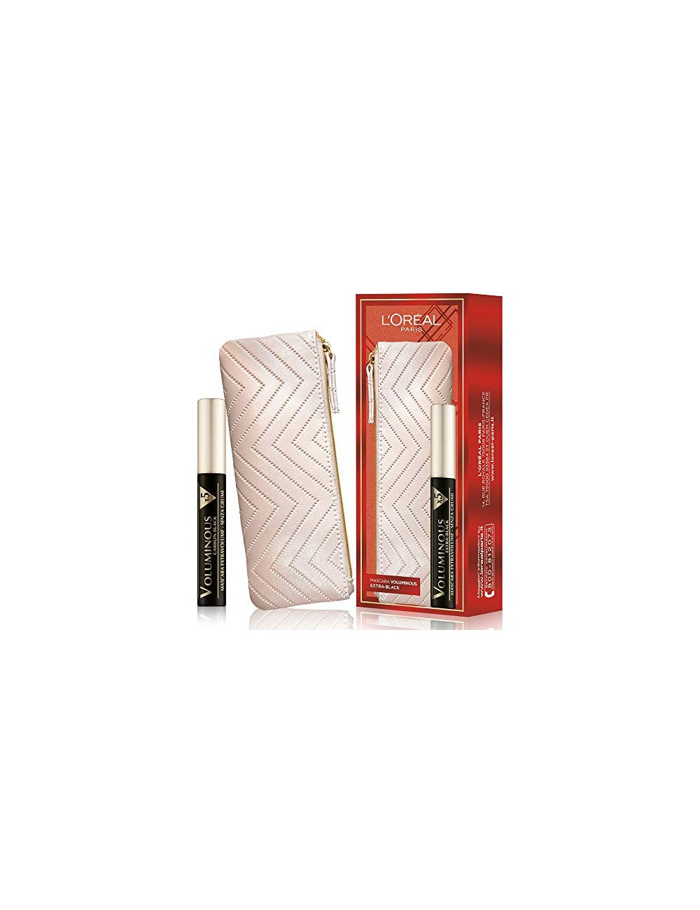 Set L'Oreal Paris: Textile Makeup Bag, Cream + Voluminous X5, Volumizing, Mascara, Extra Black, 7.5 ml - Olmarkt