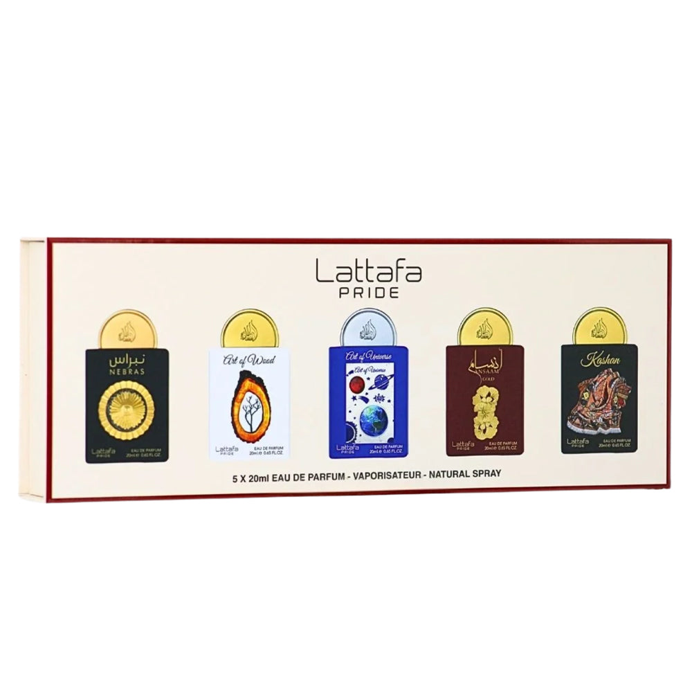 Set Lattafa: Nebras, Eau De Parfum, For Women, 20 ml + Art Of Wood, Eau De Parfum, For Women, 20 ml + Art Of Universe, Eau De Parfum, For Women, 20 ml + Ansaam Gold, Eau De Parfum, For Women, 20 ml + Kashan, Eau De Parfum, For Women, 20 ml