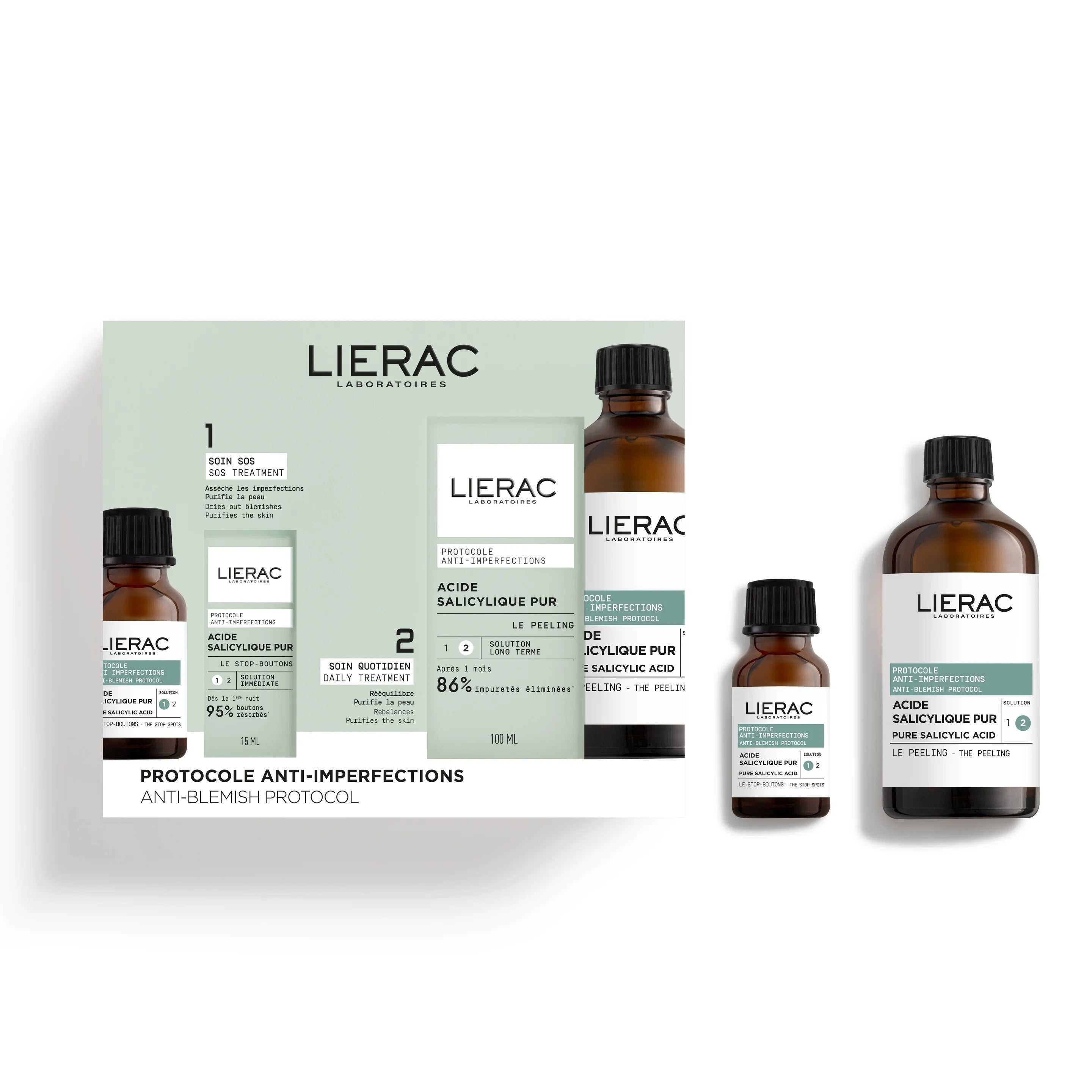 Set Lierac: Anti-Blemish Protocol Stop Spots, Anti Spot, Local Treatment Cream, For Face, 15 ml + Anti-Blemish Peeling, Exfoliating, Peeling Lotion, 100 ml