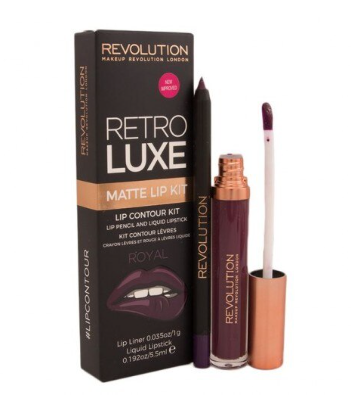 Set Makeup Revolution: Retro Luxe, Matte, Liquid Lipstick, Royal, 5.5 ml + Retro Luxe, Lip Liner, Royal, 1 g - Olmarkt
