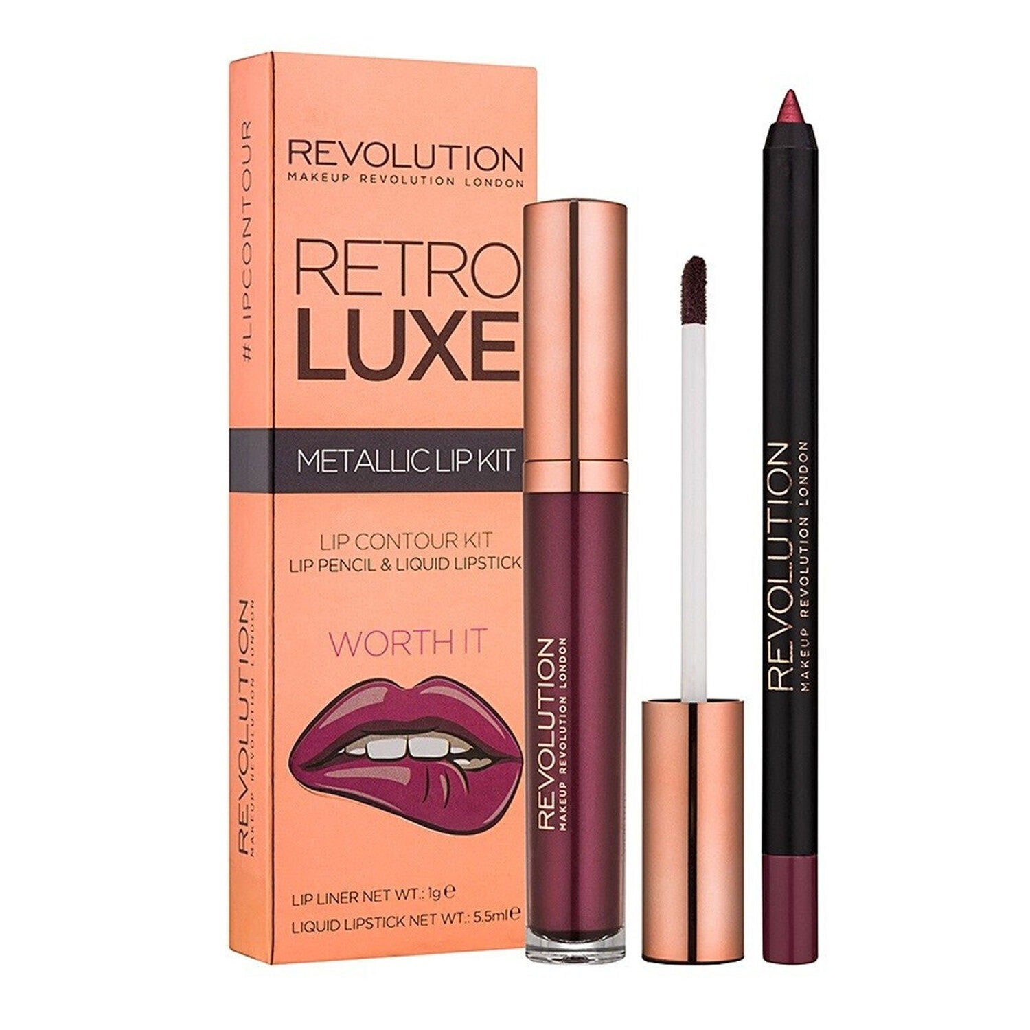 Set Makeup Revolution: Retro Luxe, Metallic, Liquid Lipstick, Worth It, 5.5 ml + Retro Luxe, Lip Liner, Worth It, 1 g - Olmarkt